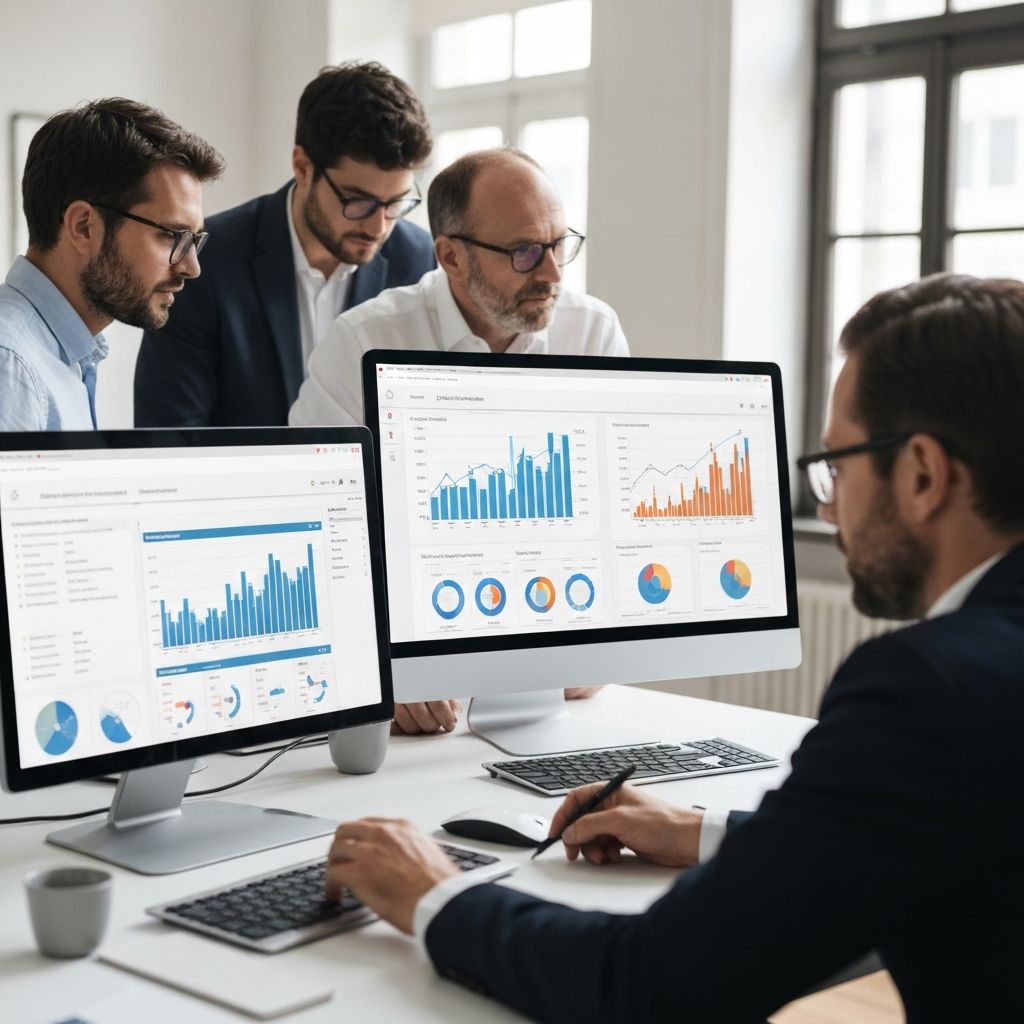 Analistas trabajando con dashboards de business intelligence y reportes de KPI