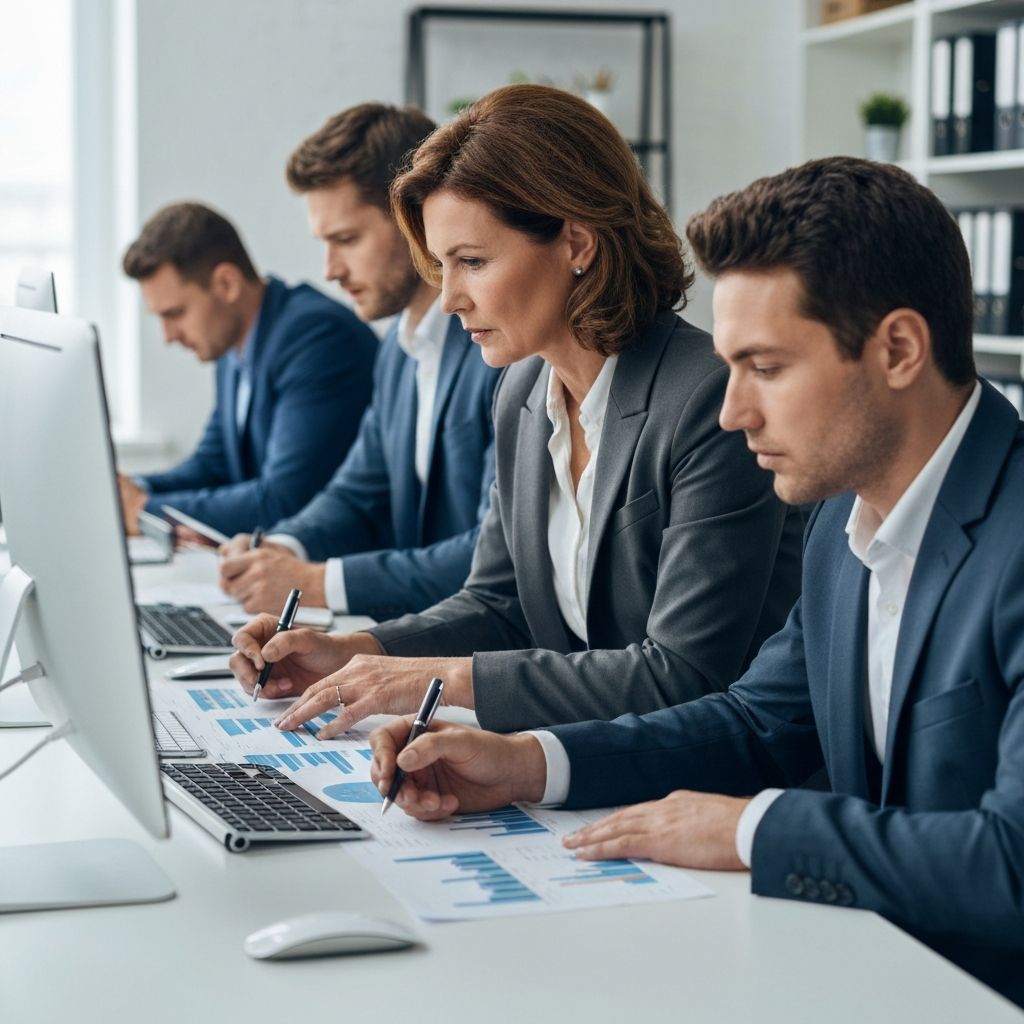 Equipo financiero trabajando con sistemas automatizados de contabilidad de gestión