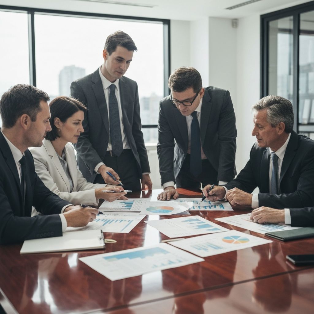 Reunión de directivos analizando informes financieros y planificación estratégica